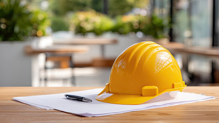 A bright yellow construction helmet rests on a wooden table next to a pen and white papers, creating an inspiring workspace atmosphere focused on safety and planning.の素材
