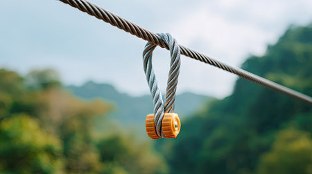 A vibrant lock hangs securely from a metal cable, showcasing strength and protection amid a beautiful green backdrop, creating a sense of adventure and safety.の素材