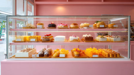 A charming bakery display filled with a variety of colorful cakes and pastries. This enticing showcase highlights the art of dessert making in a vibrant pink setting.の素材