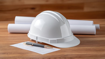 A pristine white construction helmet rests on a wooden surface alongside blueprints and a pen, symbolizing safety and meticulous planning in the building industry.の素材