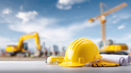 A bright yellow hard hat and safety goggles rest on a table in front of a dynamic construction site, featuring machinery and cranes against a beautiful sky backdrop.の素材