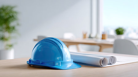 A blue hard hat rests beside rolled blueprints on a wooden table in a bright office environment. The scene combines modern design with a touch of nature.の素材