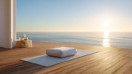 A tranquil meditation space features a soft pillow positioned on a white mat, inviting peace while overlooking the serene ocean at sunrise. Embrace calmness and mindfulness.の素材