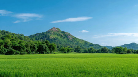 Experience the breathtaking beauty of lush green rice fields framed by rolling hills under a clear blue sky, embodying the tranquility of nature and agriculture.の素材
