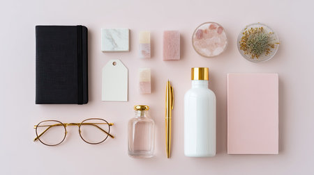 Discover a chic arrangement of stylish desk essentials, including notebooks, decorative items, and stationery all set against a soft pink background. Perfect for creative inspiration!の素材