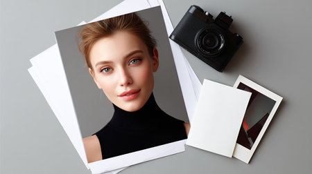 A captivating portrait of a beautiful young woman, showcasing her natural makeup and serene expression. The image features photography equipment and prints, emphasizing creativity.の素材