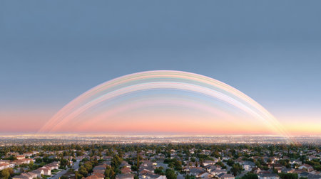 Experience the breathtaking beauty of a vibrant rainbow arching over an urban landscape at sunset, enhancing the serene view of sprawling neighborhoods and soft clouds.の素材