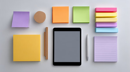 A top view image of colorful office supplies, including sticky notes, a tablet, and a pen arranged neatly on a light grey background, ideal for creative workspace themes.の素材