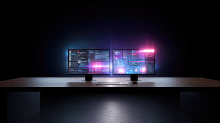 A modern workspace featuring dual computer monitors displaying vibrant data visualization and coding, perfect for tech enthusiasts and digital professionals.の素材
