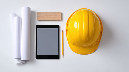 A bright yellow hard hat sits alongside a digital tablet, blank sheets, a wooden block, and a pencil, creating an organized workspace ideal for engineering and construction projects.の素材
