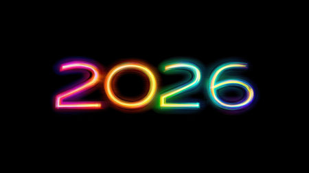 Vibrant neon number 2026 glows in rainbow colors against a black backdrop, making it ideal for celebrating events, marketing campaigns, or inspiring futuristic themes.の素材