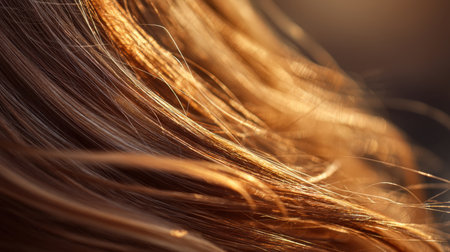 This captivating close-up captures the beautiful flow of golden brown hair, illuminated by soft sunlight, showcasing its texture and vibrant movement in a serene setting.の素材