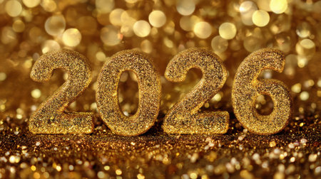 This image features sparkling gold numbers 2026, beautifully set against a shimmering bokeh background, perfect for New Year celebrations and festive events.の素材