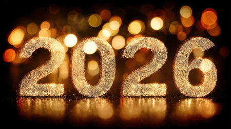 A beautiful display of the numbers 2026 sparkling with warm golden lights, creating a festive atmosphere perfect for New Year celebrations and events.の素材