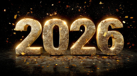 Celebrate the arrival of 2026 with this vibrant image featuring golden sparkling numbers, confetti, and an exciting festive atmosphere. Perfect for New Year themes!の素材