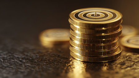 A visually striking image of stacked gold coins featuring a target symbol, representing investment goals and financial strategies in a luxurious and elegant setting.の素材