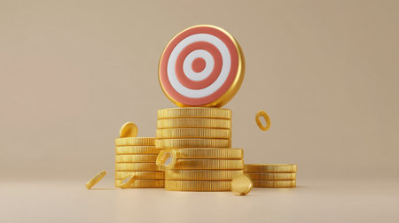 Symbolic representation of coins and a bullseye target highlighting financial goals, success, and strategic investments set against a neutral backdrop.の素材