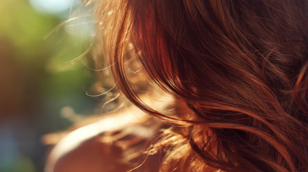 This captivating image features flowing hair illuminated by natural sunlight, creating a serene and warm atmosphere. The soft texture and colors evoke a sense of beauty and tranquility.の素材