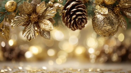 A stunning arrangement of golden flowers, pinecones, and baubles captures the essence of the holiday season, providing a warm and inviting festive atmosphere for celebrations.の素材