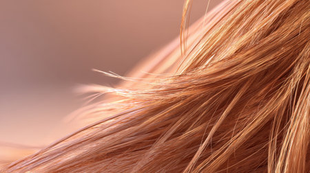 This image captures beautiful strands of hair in a close-up, highlighting its soft texture and gentle movement against a warm backdrop, perfect for beauty themes.の素材