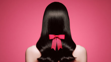 This captivating image features sleek black hair styled beautifully with a vibrant red bow, set against a luminous pink background, ideal for beauty and fashion themes.の素材