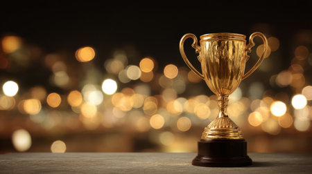 A stunning golden trophy stands elegantly against a dark background, illuminated by soft, blurred lights, representing the essence of achievement and celebration.の素材