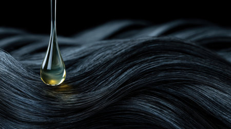 A captivating close-up image showcasing a droplet of oil falling onto lustrous black hair, emphasizing the smooth texture and radiant shine, perfect for beauty products.の素材