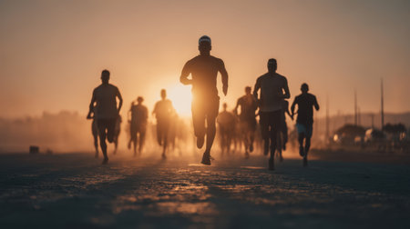 A vibrant scene capturing a group of runners on the beach during sunset, highlighting their silhouettes against the warm, glowing sky, inspiring fitness and determination.の素材