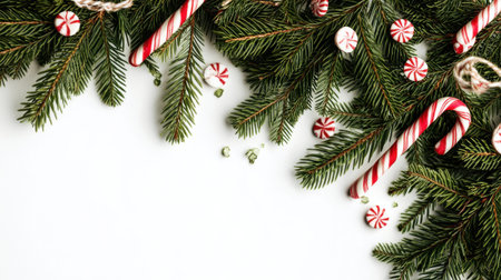 A vibrant arrangement of Christmas candy canes and peppermint sweets nestled among fresh evergreen branches, perfect for creating a festive atmosphere during the holidays.の素材