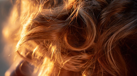 This close-up image showcases sunlit curly hair, highlighting its golden strands and intricate texture, evoking warmth and natural beauty in soft evening light.の素材