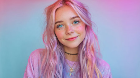 A cheerful young woman with pastel hair and freckles smiles warmly at the camera, set against a softly lit colorful background, exuding a playful and confident vibe.の素材