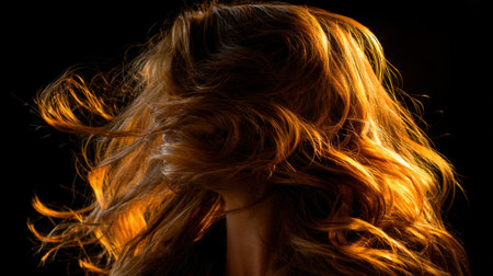 An artistic portrait featuring a woman with flowing hair illuminated by soft light, capturing movement and beauty. The dramatic shadows enhance the visual impact.の素材