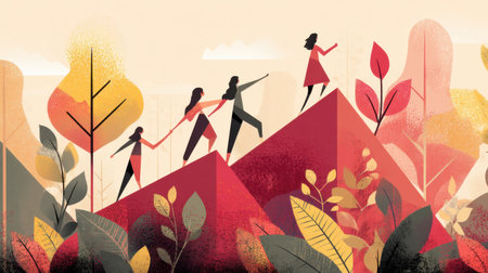 A vibrant illustration depicting women climbing together toward success, embodying empowerment and teamwork amidst a colorful abstract landscape filled with nature elements.の素材