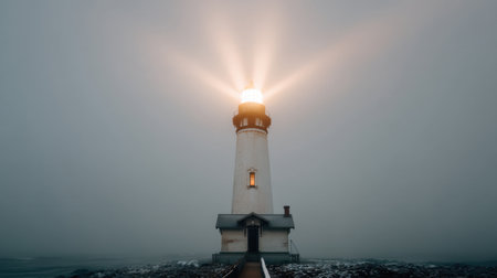 A solitary lighthouse illuminates the foggy coastline, casting a warm glow through the mist. This serene scene embodies coastal navigation safety amidst dramatic weather.の素材