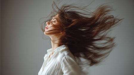 A captivating portrait of a young woman with flowing hair embodying freedom and joy. The soft light enhances her serene expression, showcasing elegance and beauty.の素材