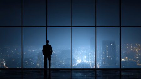 A lone businessman stands silhouetted against a large glass window, gazing at the vibrant city lights below while surrounded by a calm and moody night atmosphere.の素材