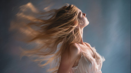 A dreamy portrait of a young woman with flowing hair, captured in motion against a soft backdrop, symbolizing freedom and serene beauty in a whimsical studio setting.の素材