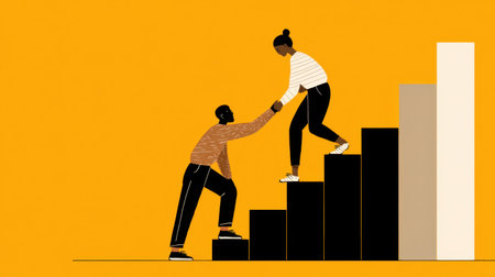 A vibrant illustration showcasing teamwork and support, featuring one person helping another climb steps toward success, symbolizing growth and collaboration.の素材