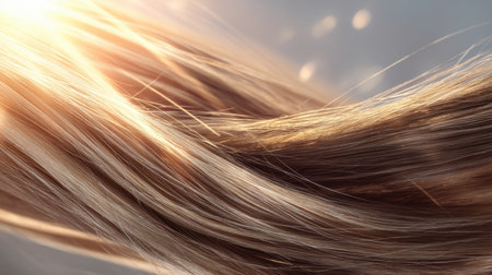 A stunning close-up image of flowing hair illuminated by sunlight, highlighting the softness and elegance of each strand, perfect for beauty and fashion themes.の素材