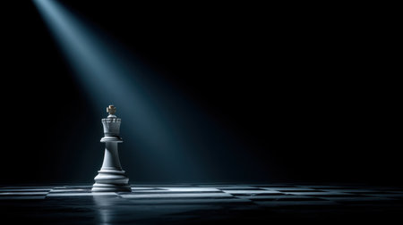 A single chess piece stands illuminated by a dramatic spotlight, casting shadows on a checkerboard. This image represents strategic thinking and competition.の素材