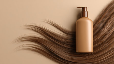Discover an elegant hair care product beautifully positioned with flowing brown hair. Perfect for portrayals of beauty, self-care, and minimalistic design in visual storytelling.の素材