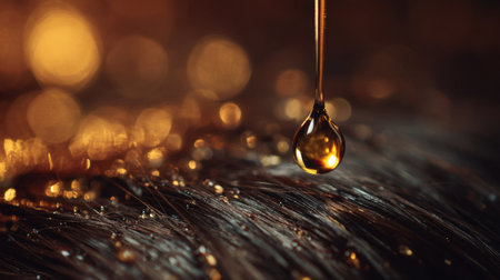 A mesmerizing close-up of a golden droplet of oil captures the essence of luxury and beauty, showcasing the glossy texture of hair against a warm, bokeh background.の素材
