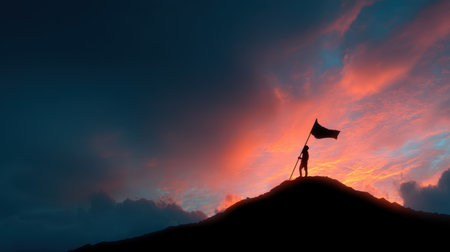 A striking silhouette of a person holding a flag atop a mountain peak, framed by a vibrant sunset sky, symbolizing adventure, hope, and achievement.の素材