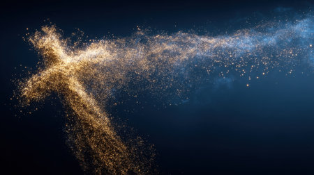 This stunning abstract artwork depicts a sparkling golden cross created from particles, set against a dark blue backdrop, evoking feelings of hope and spirituality.の素材