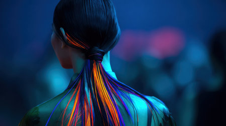 Explore the striking beauty of illuminated hair in a vibrant, crowded setting, showcasing a unique interplay of color and light for dramatic artistic expression.の素材