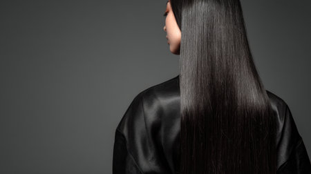 A graceful woman with long, straight, glossy hair posed elegantly against a soft gray backdrop. This captivating image embodies beauty and sophistication in a minimalist studio setting.の素材