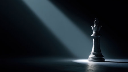A solitary chess king piece stands illuminated by a beam of light in a dark setting, evoking themes of strategy and power in competition. Perfect for concept imagery.の素材