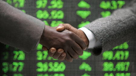 Professional individuals engaging in a handshake symbolize partnership and agreement against a backdrop of dynamic stock market data in green tones.の素材