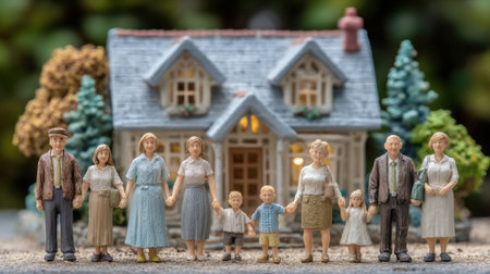 A charming scene featuring a group of miniature people holding hands in front of a model house, symbolizing family unity and togetherness in a serene outdoor setting.の素材