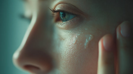 A detailed close-up of a woman's face as she applies moisturizing cream to her skin, highlighting the importance of skincare in achieving healthy and radiant beauty.の素材